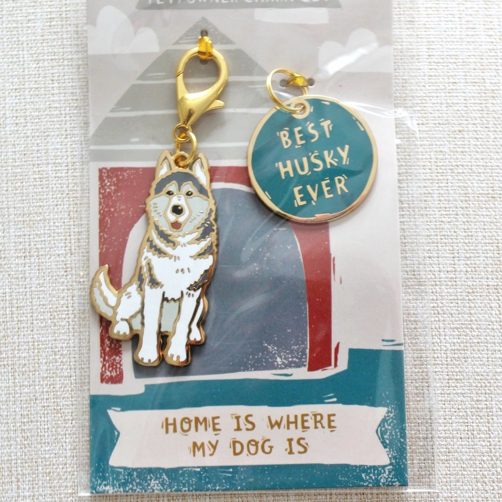 Primitives by Kathy Best Husky Ever Dog Collar Charm Keychain Set